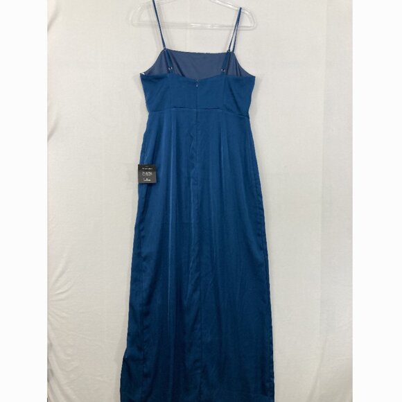 New Lulus Large Destiny Awaits Navy Blue Satin Faux-Wrap Maxi Dress Bridemaid - Picture 11 of 13